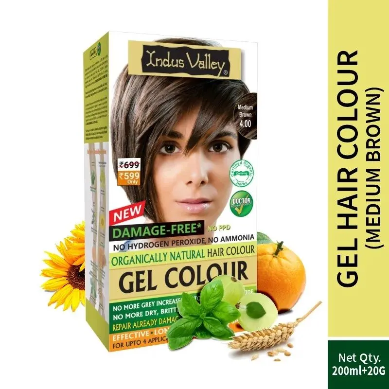 Indus Valley Gel Color for Hair, 100% Damage-Free, No Hydrogen Peroxide, No Ammonia -Medium Brown