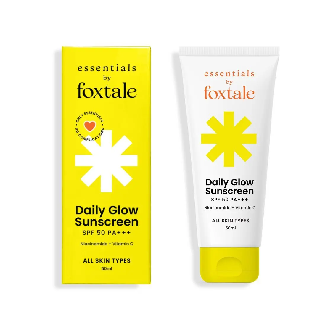 Foxtale Essentials Brightening SPF 50 Sunscreen with Vitamin C and Niacinamide | UVA and UVB filters | No White Cast | Non-Greasy Formula | Anti-Tan Formula | Men & Women | 50 ml