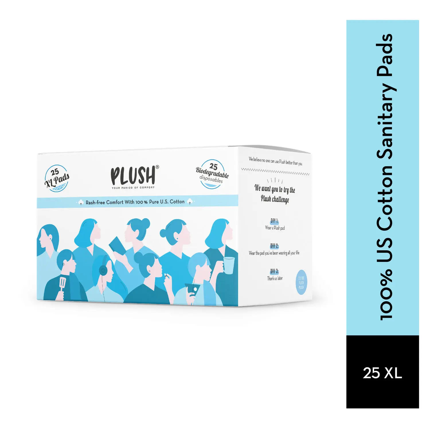 Plush 100% Pure US Cotton Ultra-Thin Rash Free Natural Sanitary Pads - 25 Pads each with Disposable Pouches || 25 XL Pads and 4 Panty Liners