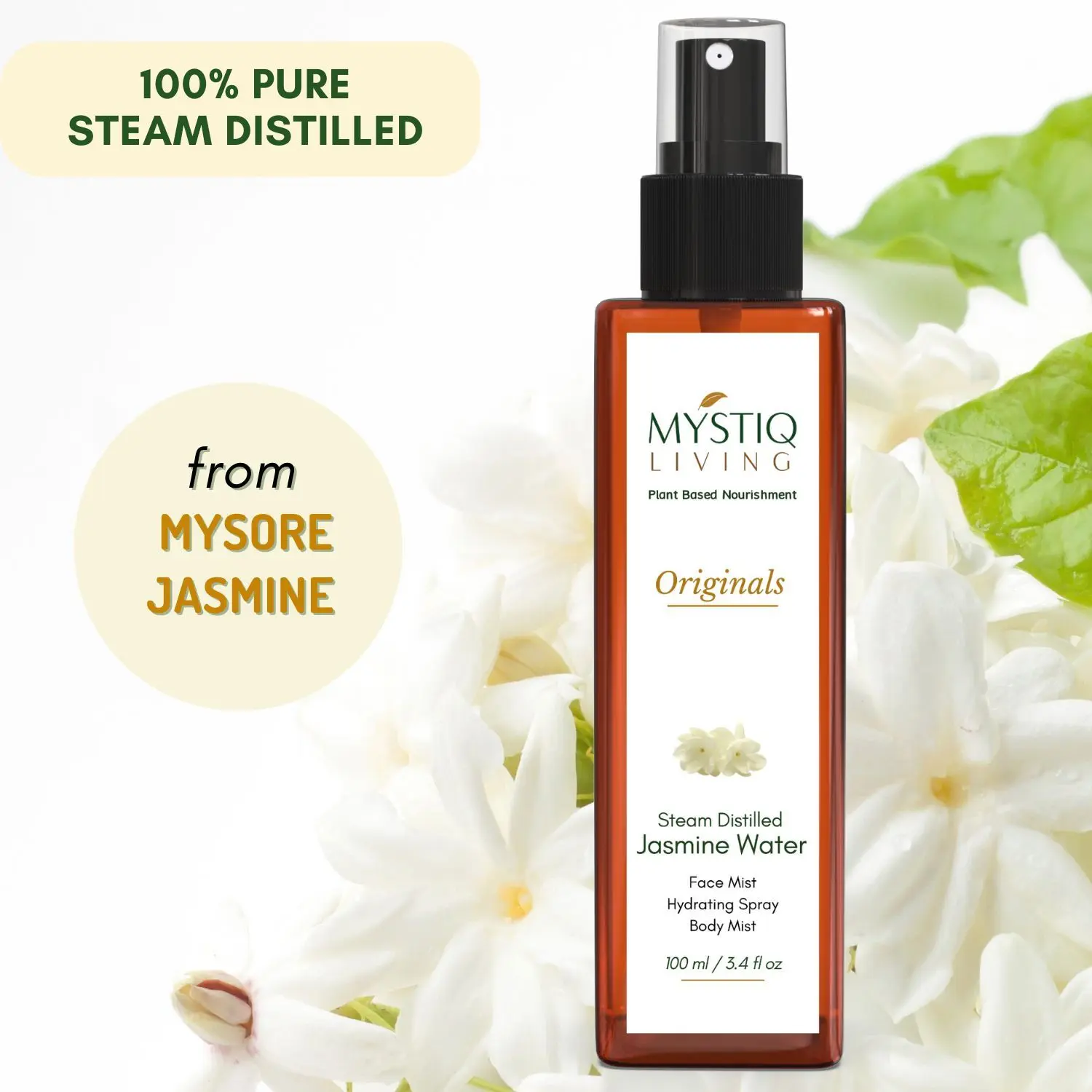 Mystiq Living Originals - Steam Distilled Jasmine Floral Water | Face & Body Mist, Pore Cleanser, Toner | Pure & Natural- 100ML