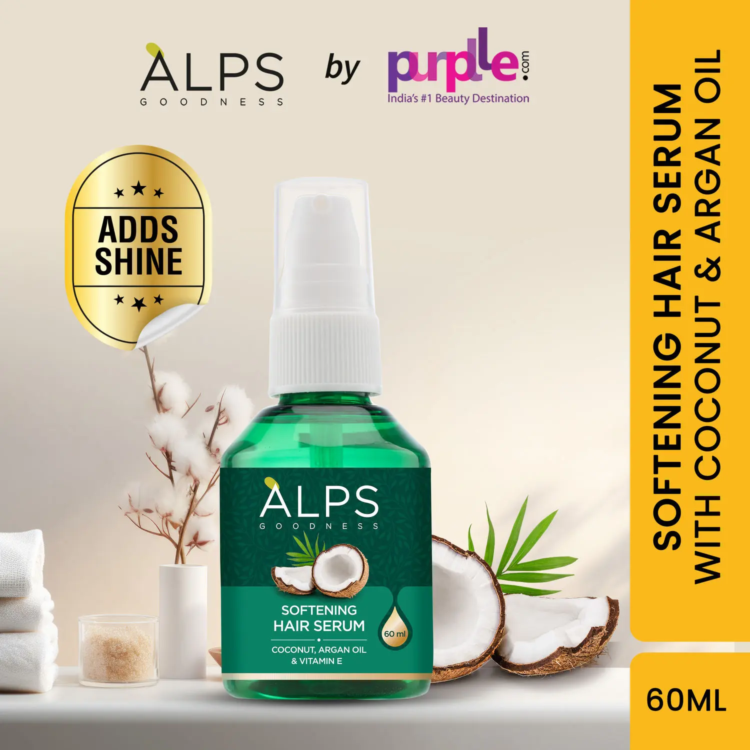 Alps Goodness Softening Hair Serum with Coconut, Argan Oil & Vitamin E (60ml) | For Soft & Frizz-Free Hair | Hair Serum for Smoothening | Adds Shine
