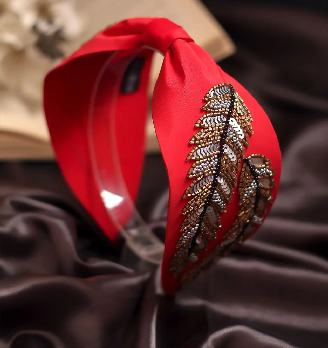 Bellofox Red Colored Embellished Tuva Luxe Headband In French Crepe Silk Blend