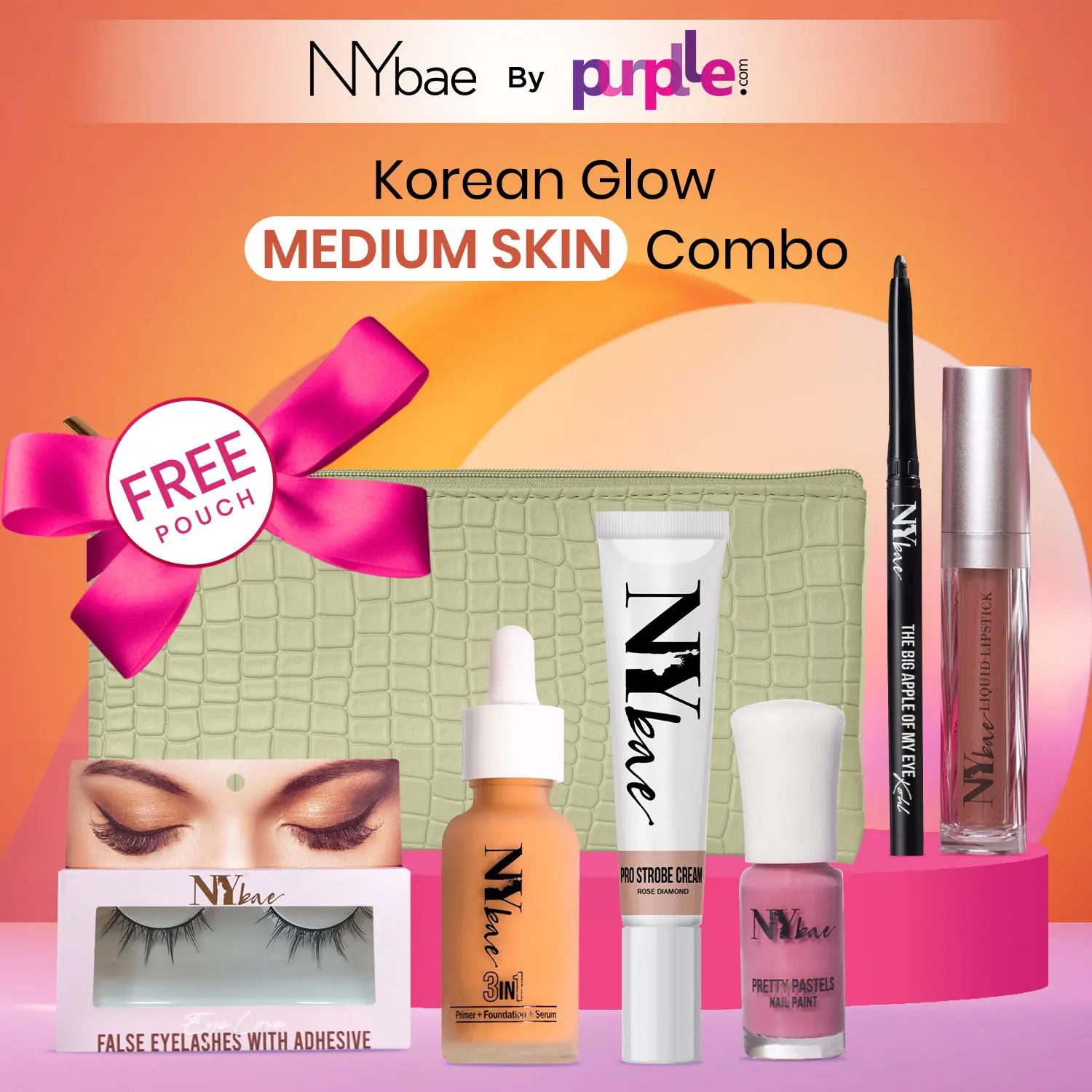 NY Bae Korean Glow Skin Combo | Highlighter | Foundation | Skin Tint | Kajal | Nail Polish | Lipstick | Flase Eyelashes | Free Pouch - Medium Skin