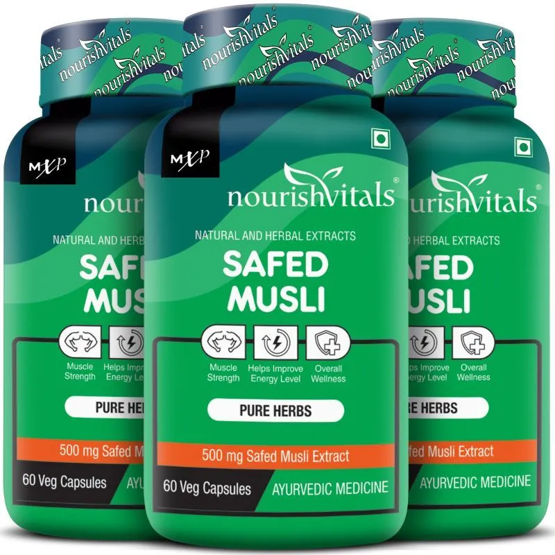 NourishVitals Safed Musli with Saponins Pure Herbs, Safed Musli, Veg Capsules