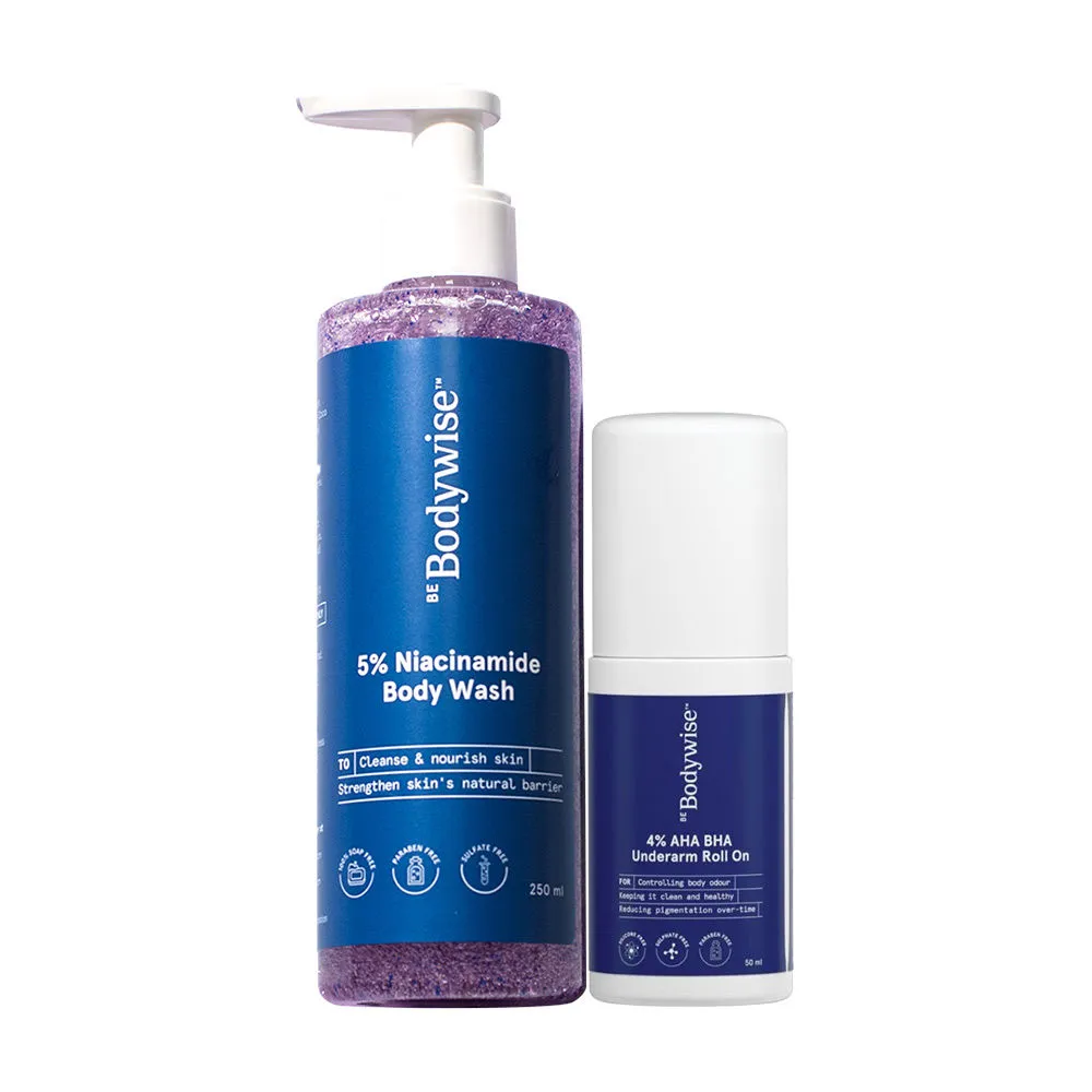 Be Bodywise 5% Niacinamide Body Wash & 4% AHA BHA Underarm Roll On - Helps Exfoliate Skin