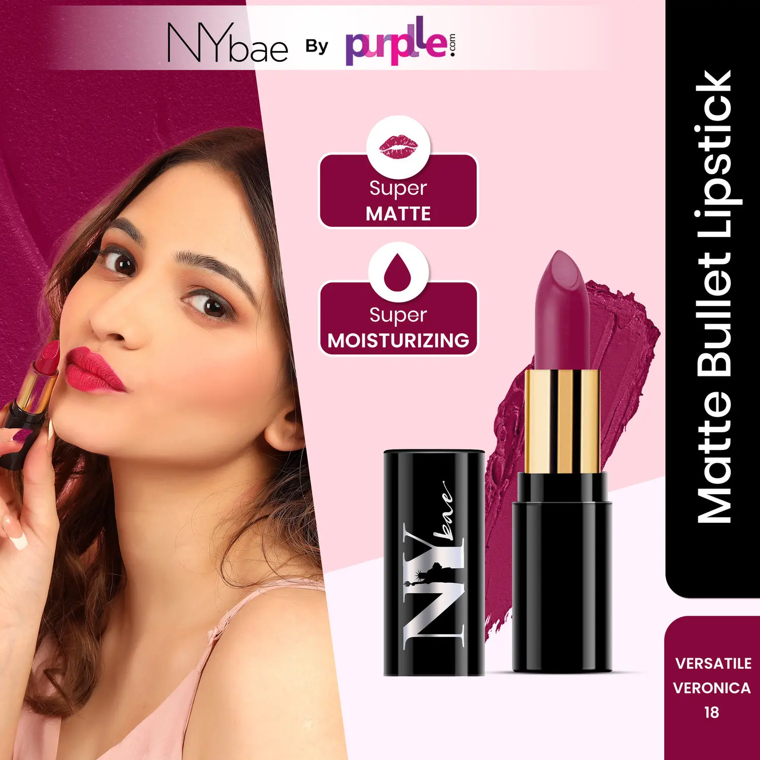 NY Bae Super Matte Lipstick - Versatile Veronica 18 (4.2 g) | Purple | Loaded With Vitamin E | Rich Colour | Long lasting | Smudgeproof | Vegan