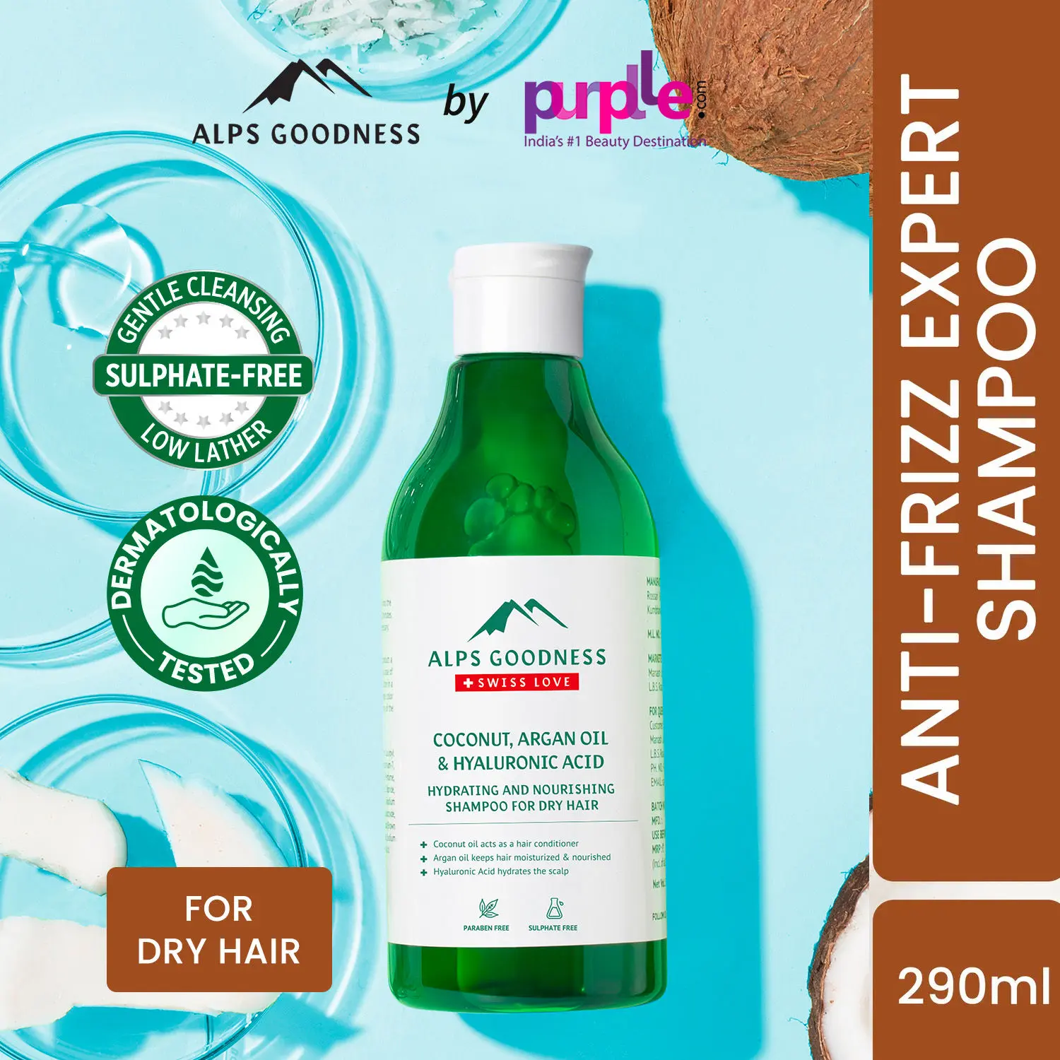 Alps Goodness Coconut, Argan Oil & Hyaluronic Acid Hydrating & Nourishing Shampoo for Dry Hair (290 ml) | Sulphate Free, Silicone Free, Paraben Free | Gentle & Mild Cleansing Shampoo| Vegan | Suitable for Dry & Frizzy Hair (290 ml)