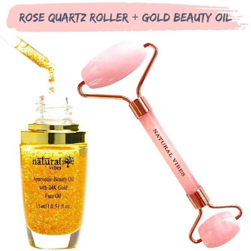 Natural Vibes Rose Quartz Face Roller + Gold Beauty Elixir Oil