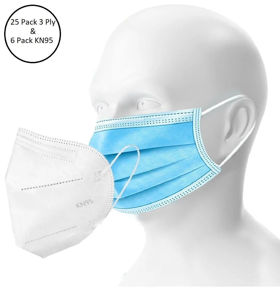 OOMPH Unisex Double Mask Set Of 25 Disposable & 6 KN95 / N95 Masks (Blue, White)