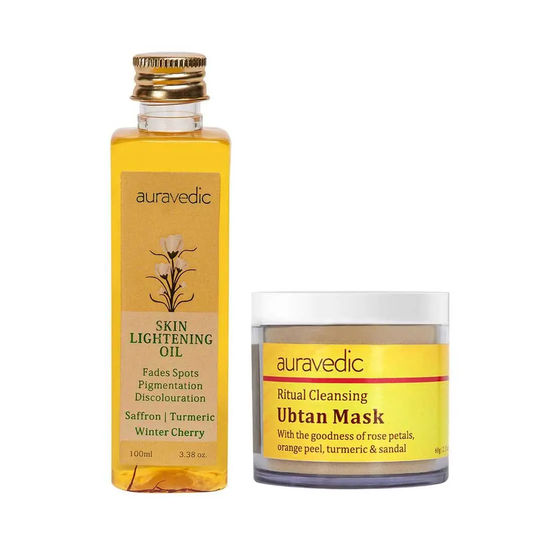 Auravedic Festive Glow (Combo - 100Ml Face Oil & 60Gm Face Pack) Skin Lightening Saffron Oil/Ubtan Face Mask With Turmeric Powder, Sandalwood For Glowing Skin