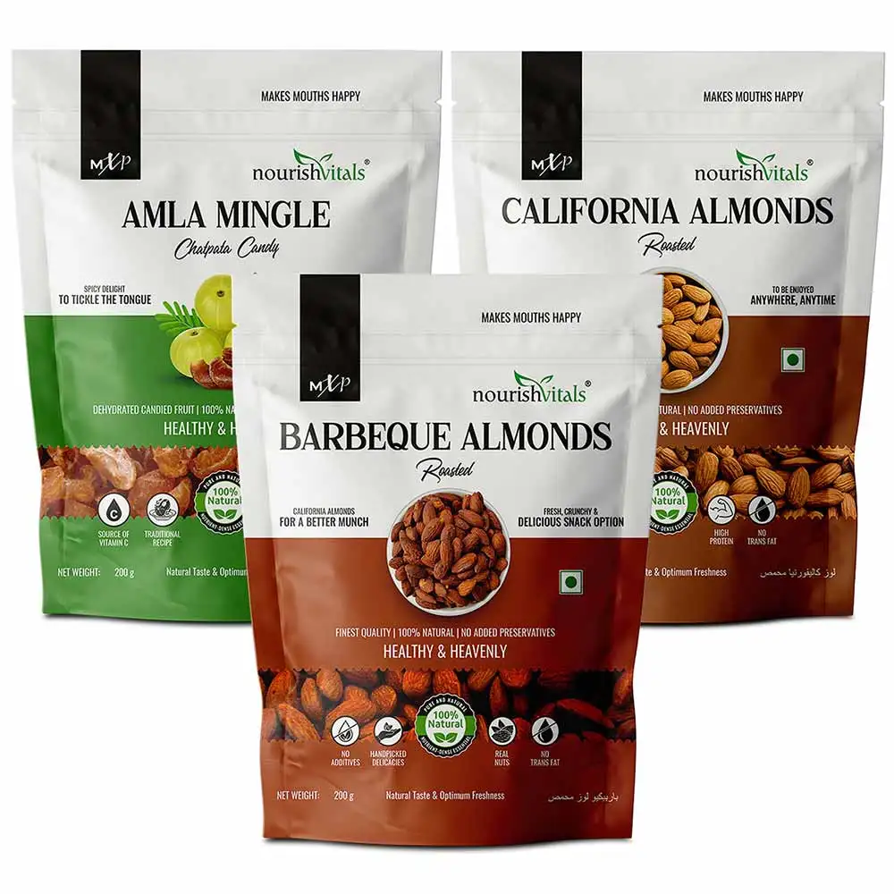 NourishVitals Healthy Munching Combo,  Amla Mingle Chatpata Candy + California + Barbeque Roasted Almonds  3 Piece(s)/Pack