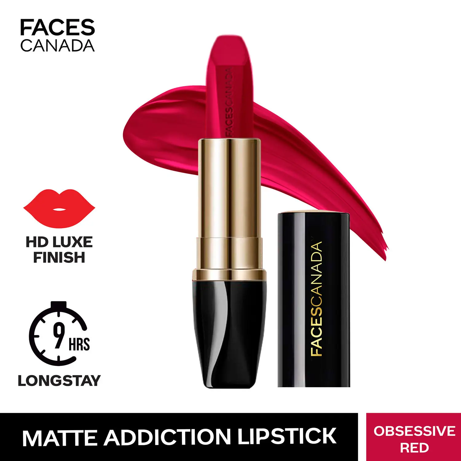 FACESCANADA Matte Addiction Lipstick Assertive Obsessive Red 07 I 9 HR Longstay I HD Finish I Hydrating Comfort I Primer Infused I With Mulberry & Shea Butter I 3.7g