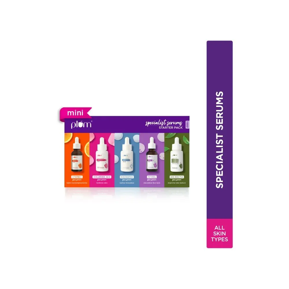 Plum Specialist Serums - Starter Pack I Set of 5 Mini Serums| 3ml Each I Vitamin C, Hyaluronic, Niacinamide, Retinol, AHA BHA PHA Peel I For Glowing, Hydrated, Clear, & Even-toned Skin I Beginner-Friendly I Fragrance-Free I 100% Vegan