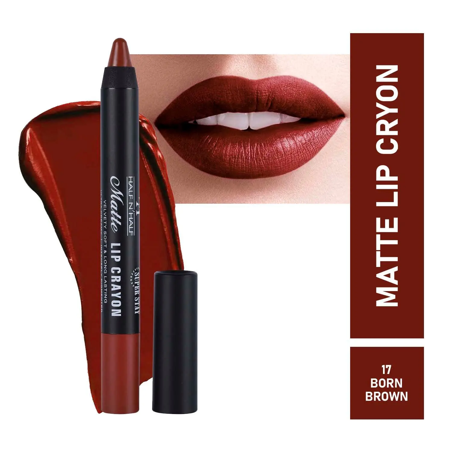 Half N Half Matte Lip Crayon Velvet Soft & Long Lasting, 24h Super Stay, 17 Born Brown (3.5gm)