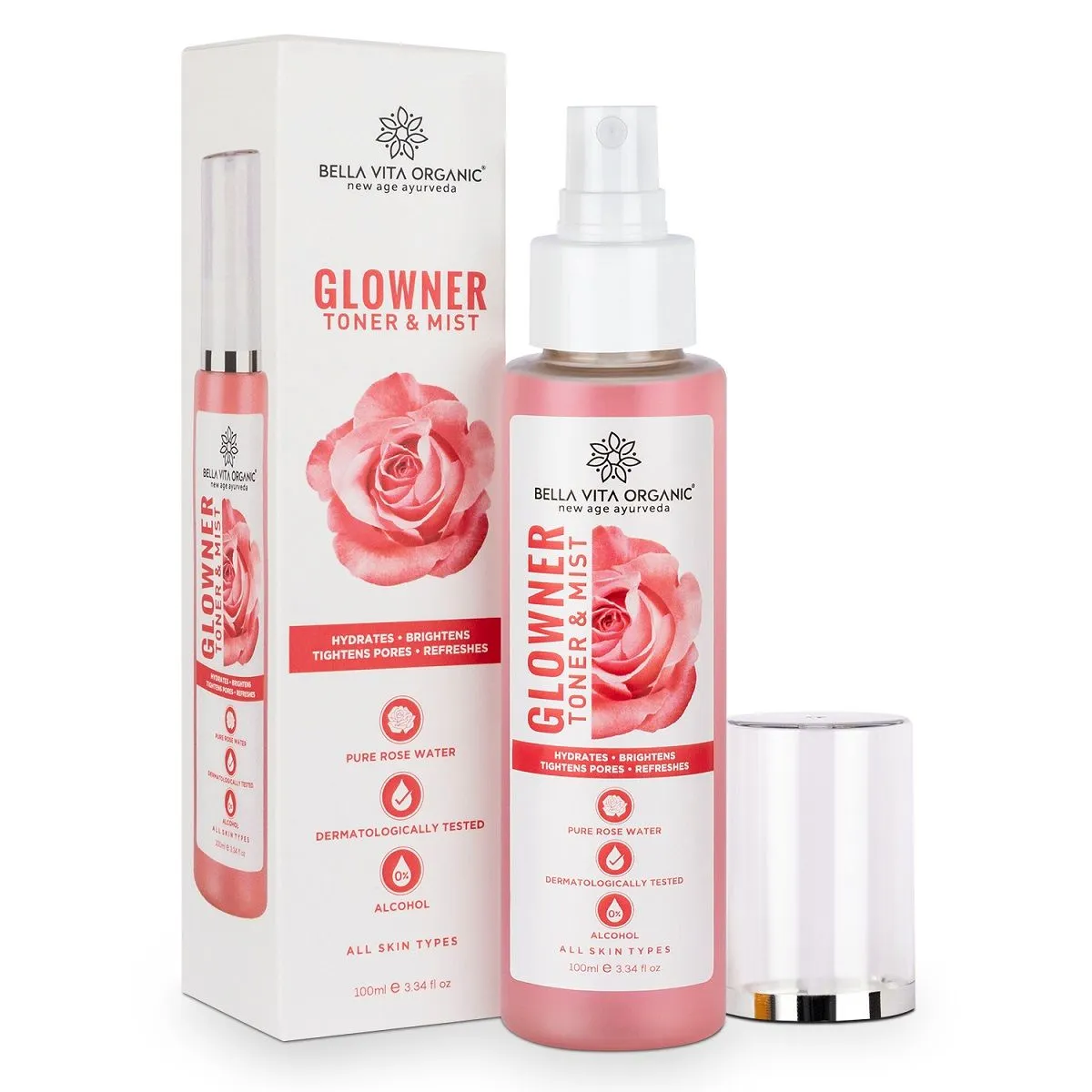 Bella Vita Organic Glowner Rose Water Face Mist & Toner For Pore Minimizing Tightening - Alcohol & Free