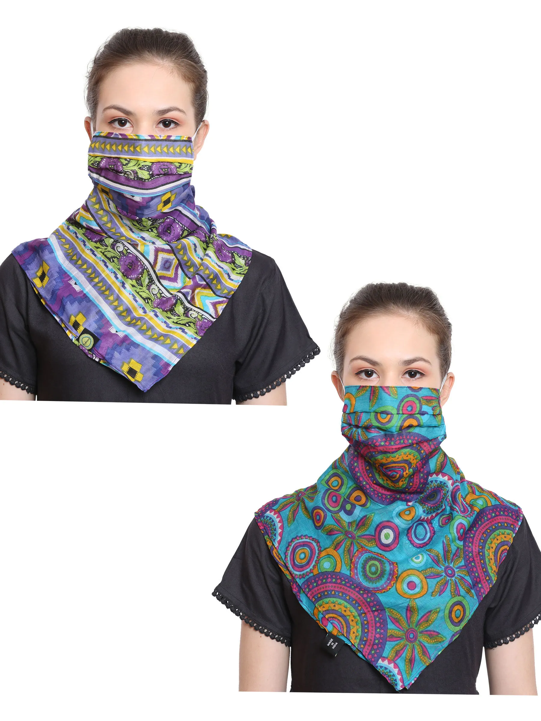 Anekaant Multicolor 3-Ply Reusable Printed Cotton Scarf Style Fashion Mask (Pack Of 2)