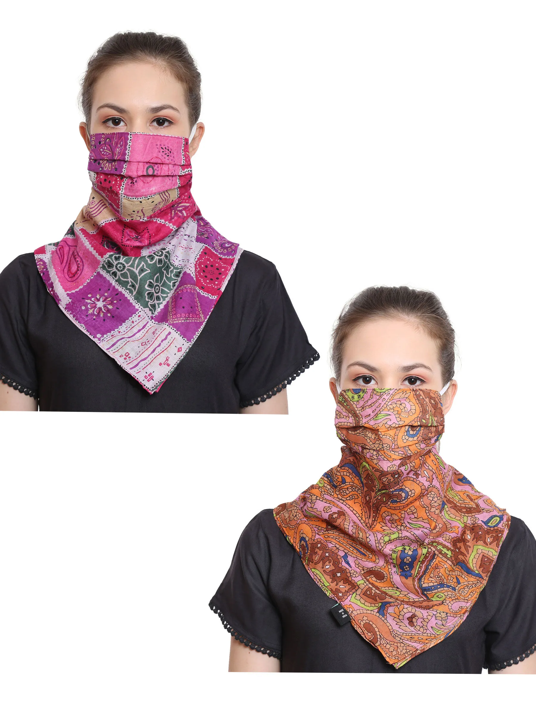 Anekaant Multicolor 3-Ply Reusable Printed Cotton Scarf Style Fashion Mask (Pack Of 2)