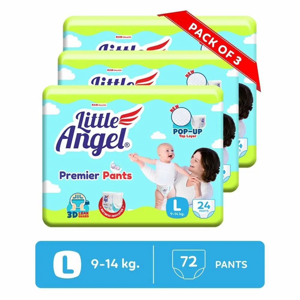 Little Angel Premier Pants Baby Diapers, Large (L) Size, 72 Count, Combo Pack of 3, 24 Count/pack with Wetness Indicator, 9-14 Kg