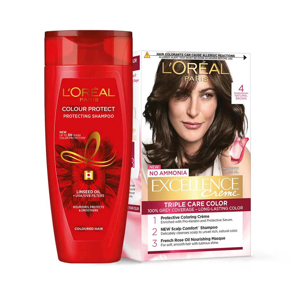 L'Oreal Paris Excellence Creme Hair Color Shade 4 - Natural Brown + Colour Protect Shampoo