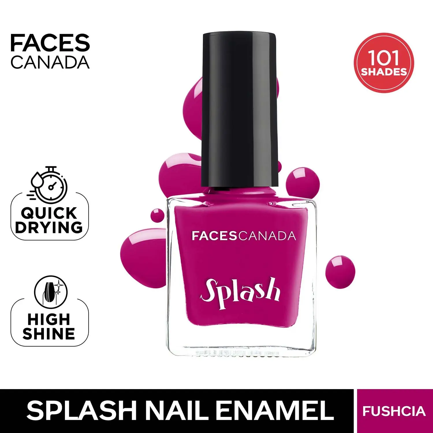 Faces Canada Splash Nail Enamel | Fast Dry | High Shine | Long Lasting | No Chip Formula | No Harmful Chemicals | Shade - Fushcia 9ml