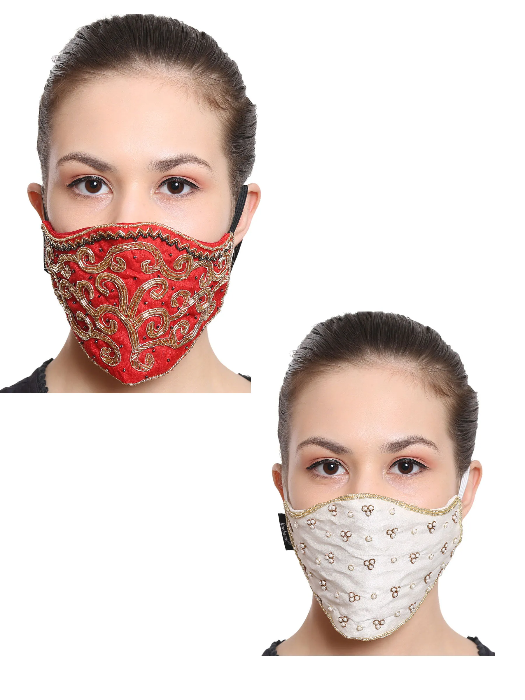 Anekaant Multicolor 3-Ply Reusable Art Silk Embellished Fabric Fashion Mask (Pack Of 2)