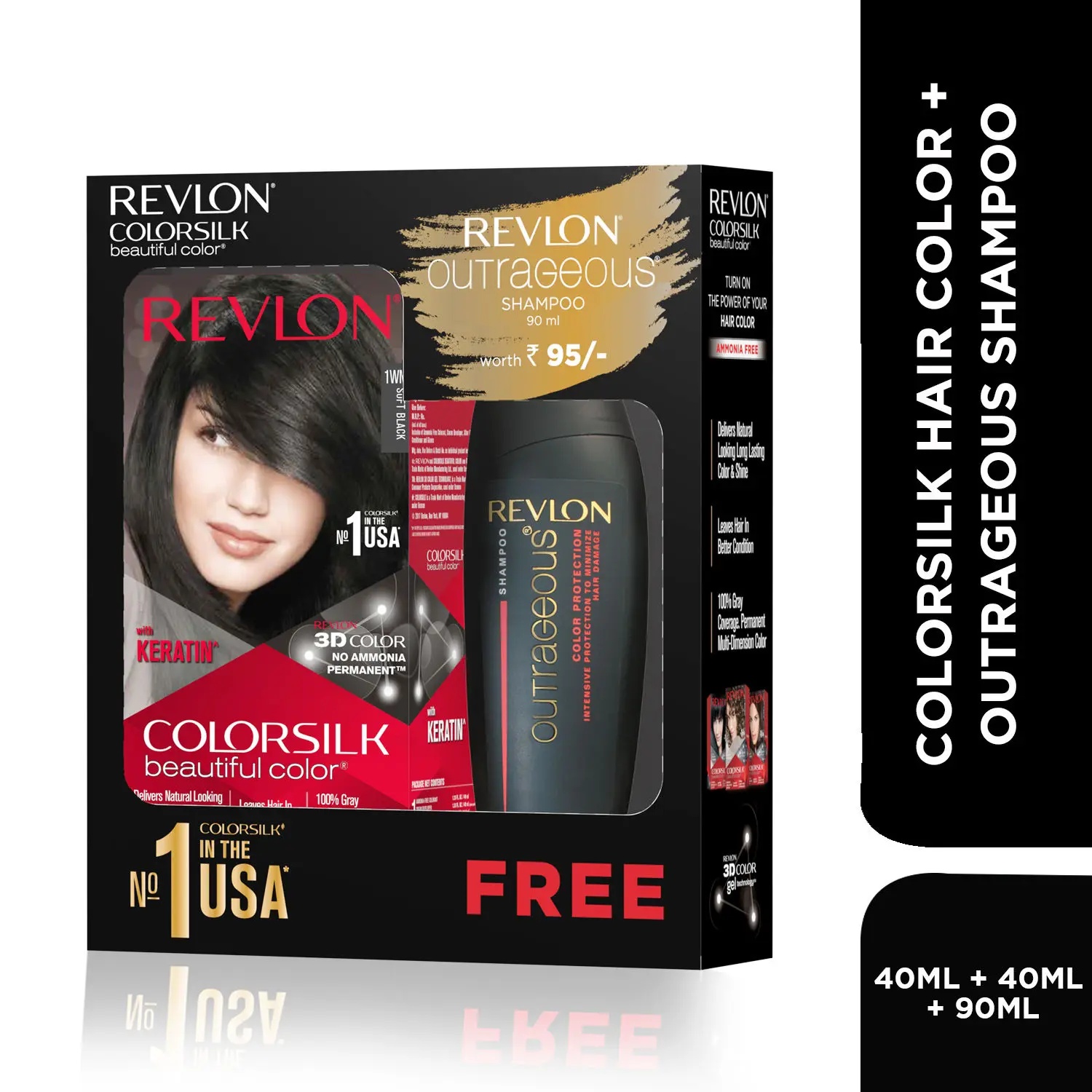 Revlon ColorSilk Hair Color with Keratin - 1WN Soft Black - (with Outrageous Shampoo 90 ml)