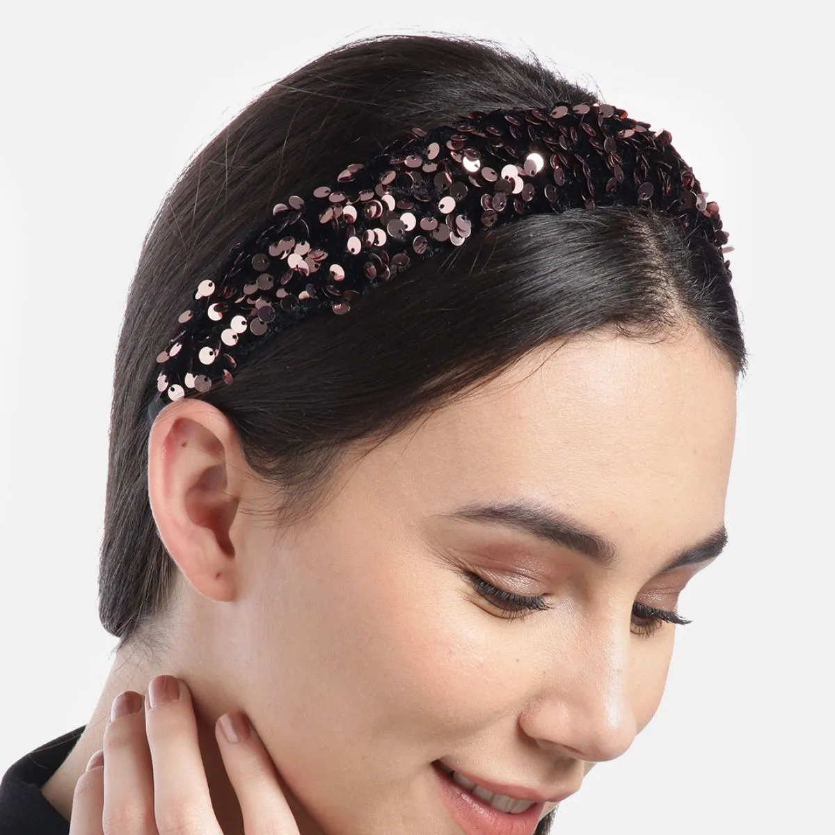 Blueberry Pink Sequin Embellished Black Velvet Hair Band