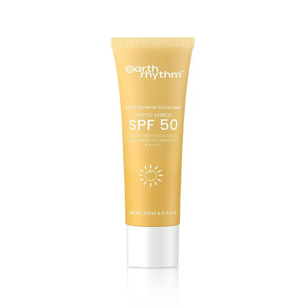 Earth Rhythm SPF 50 Matte Mineral Sunscreen Phyto Shield | PA+++, UVA UVB Sun Protection, Zero White Cast, Matte Finish | Men & Women - 50 ML