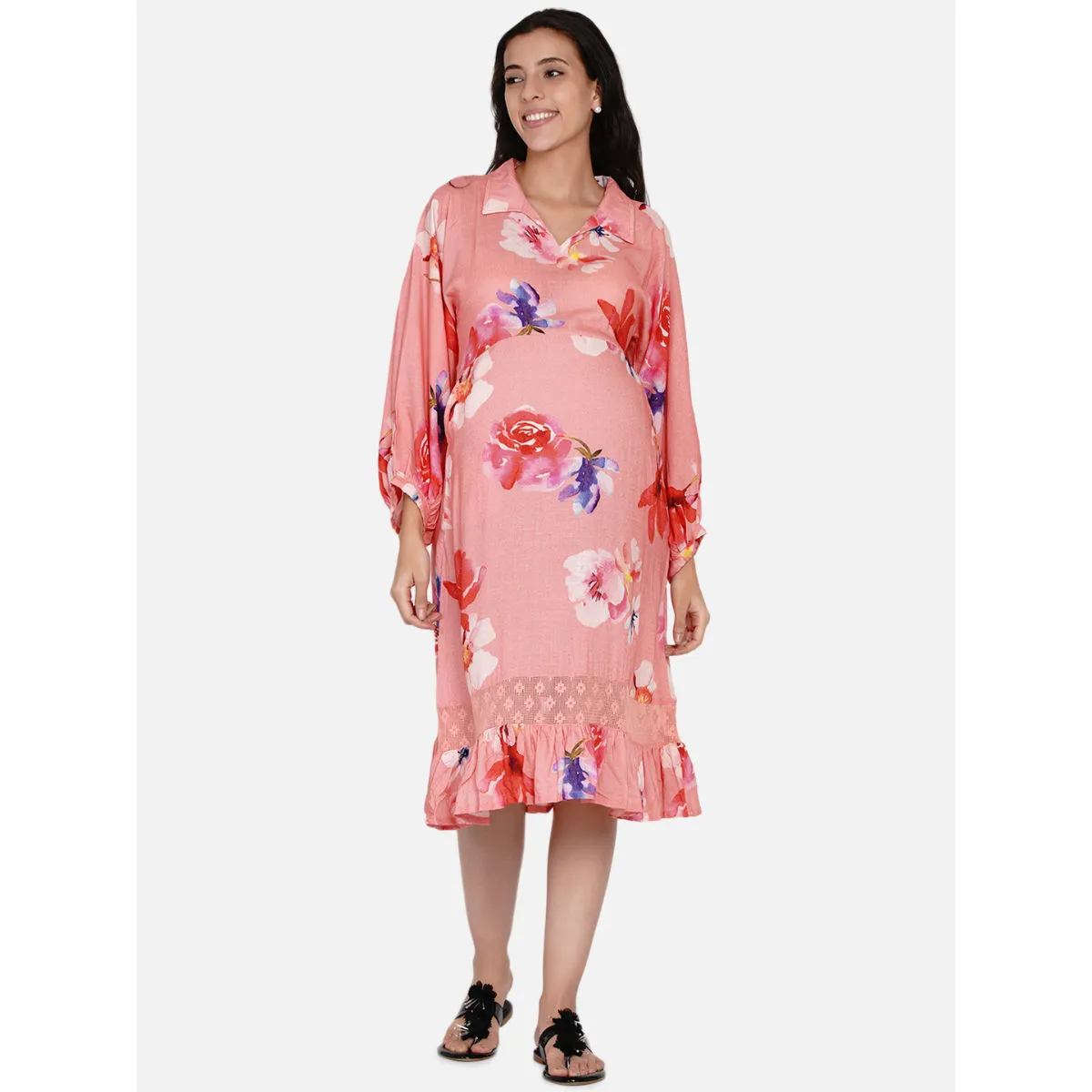 The Kaftan Company Peach Brushed Floral Maternity Dress Peach (L)