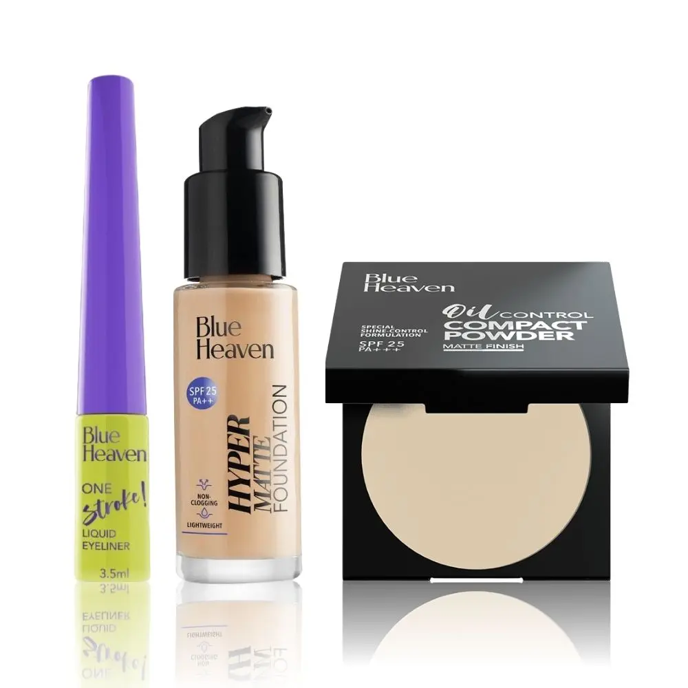 Blue Heaven Everyday Glam Kit 1 (Oil Control Compact - Vanilla Fair, Hyper Matte Foundation - 103 Natural Sand, One stroke Liquid Eyeliner - Jet Black) (8 g + 30 ml + 3.5 ml)