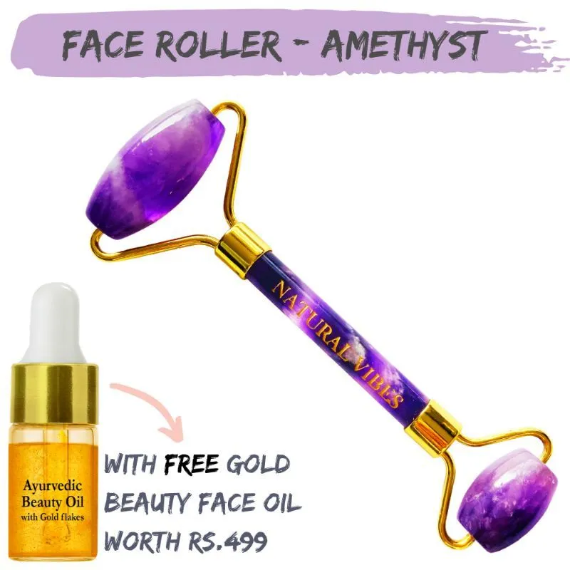 Natural Vibes Amethyst Roller & Massager with FREE Gold Beauty Elixir Oil for Face Neck & Under Eye