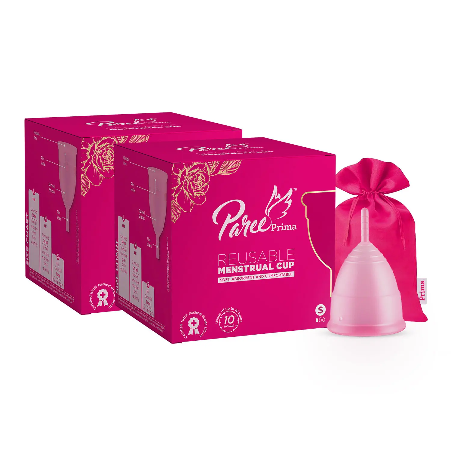 Paree Prima Reusable Menstrual Cup with protection Pouch| Small Size | 100% Medical Grade Silicon|Super Soft ,Rash and Leak Free|Upto 10 Hour Protection| FDA approved | Combo of 2