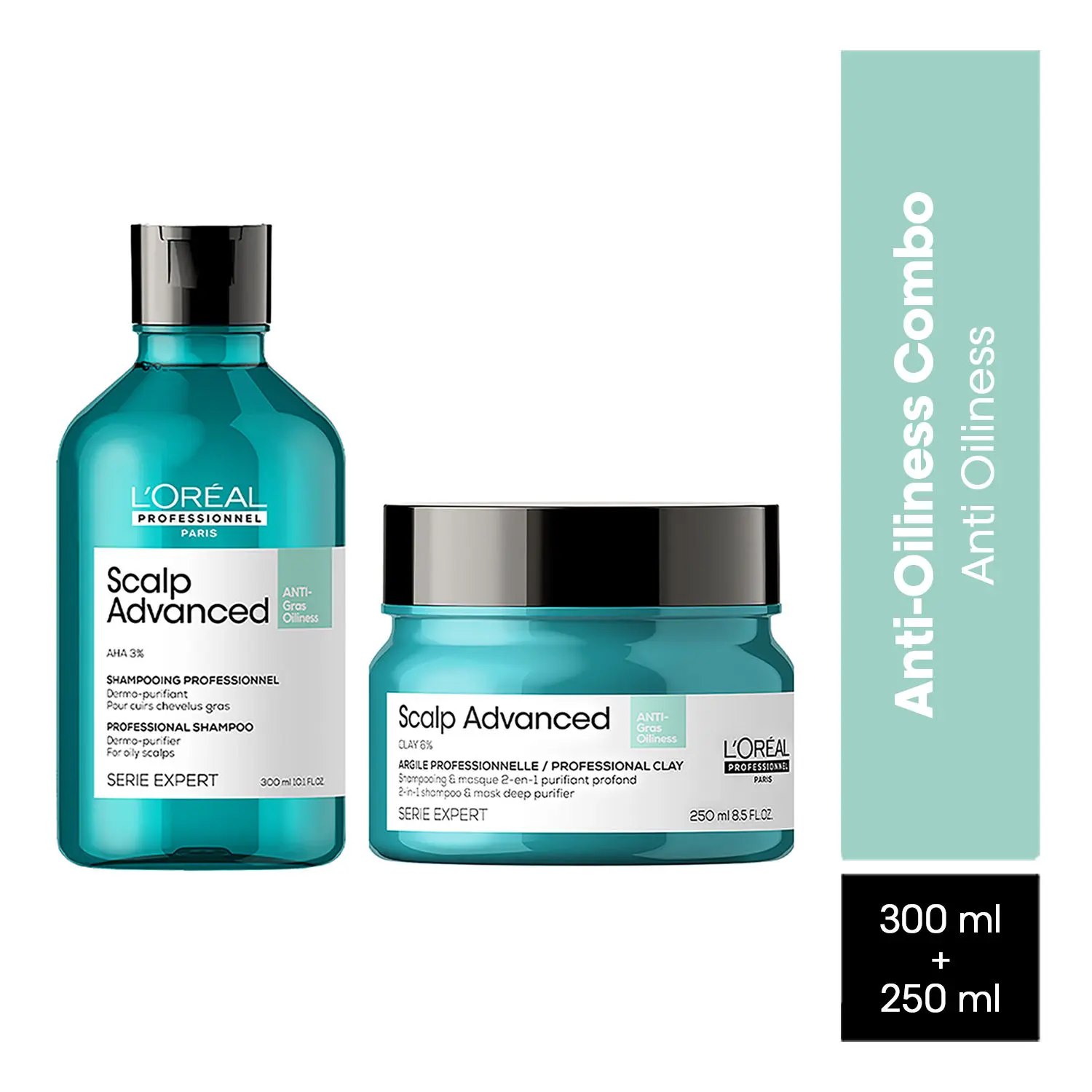 L'Oreal Professionnel Scalp Advanced Anti-Oiliness Dermo-Purifier Shampoo + Scalp Advanced Anti-Oiliness 2-In-1 Deep Purifier Clay(300ml+250gms)