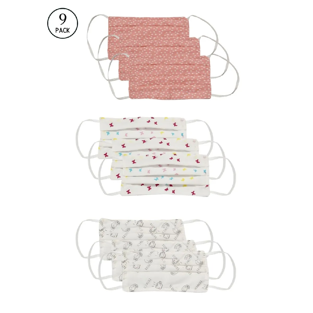 Bellofox Alice,butterflies And Brunch 3-layer 3-ply Reusable & Washable Cotton Face Mask (set Of 9)