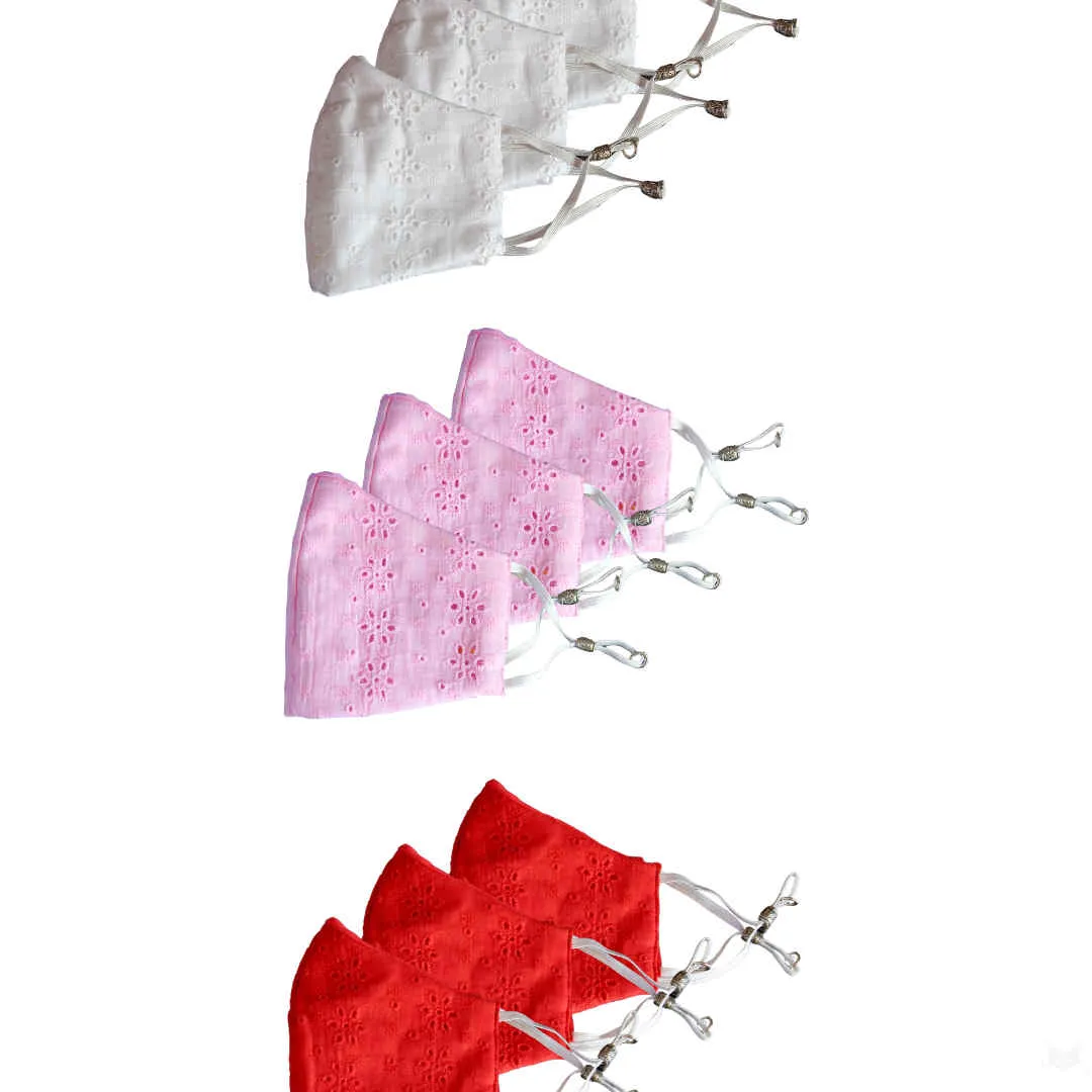 Bellofox White Chikan,Light Pink Chikan And Red Chikan Face Mask (Set Of 9)