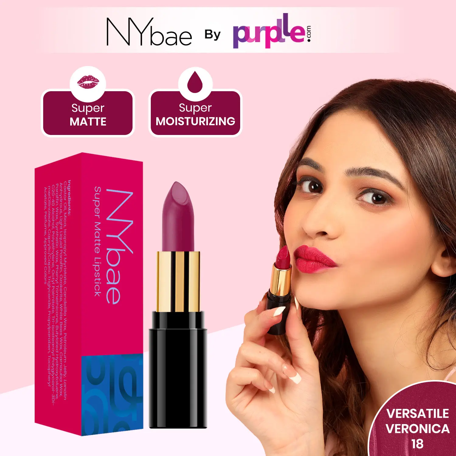 NY Bae Super Matte Lipstick - Versatile Veronica 18 (4.2 g) | Purple | Loaded With Vitamin E | Rich Colour | Long lasting | Smudgeproof | Vegan