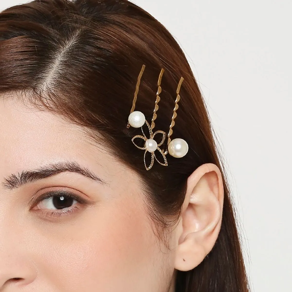 OOMPH Jewellery Combo of 3 Gold Tone Pearl Floral Hair Clip / Hair Pin For Women & Girls