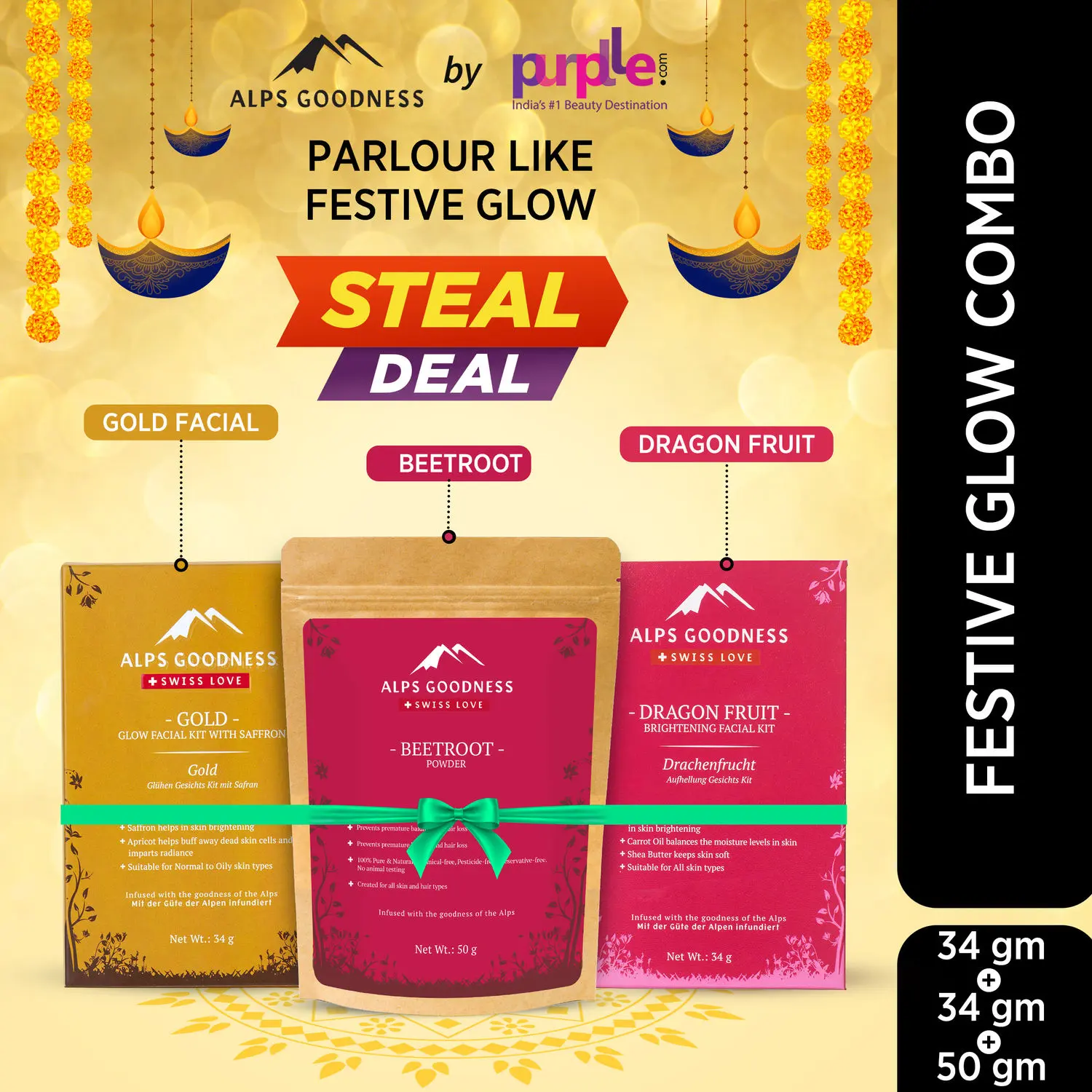 Alps Goodness Festive Pack Combo With Dragon Fruit, Gold Facial Kit & Beetroot Powder | Festive Combo | Facial Kit & beetroot powder | Best for glowing skin | Super savings pack | Best gift for women