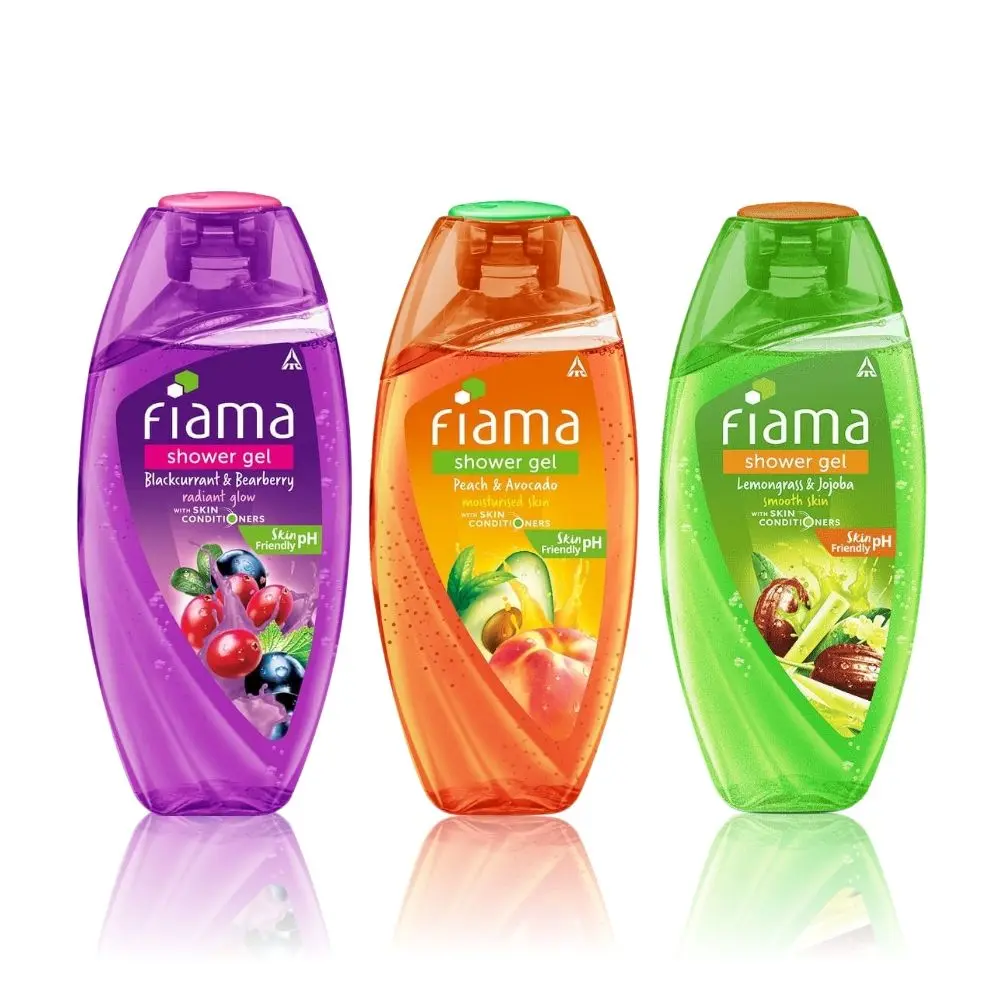 Fiama Shower Gel Blackcurrant & Bearberry Body Wash 250ml, Fiama Shower Gel Peach & Avocado 250 ml, Fiama Shower Gel Lemongrass & Jojoba Body Wash 250ml, Celebration pack for moisturized skin (combo of 3 bodywash)