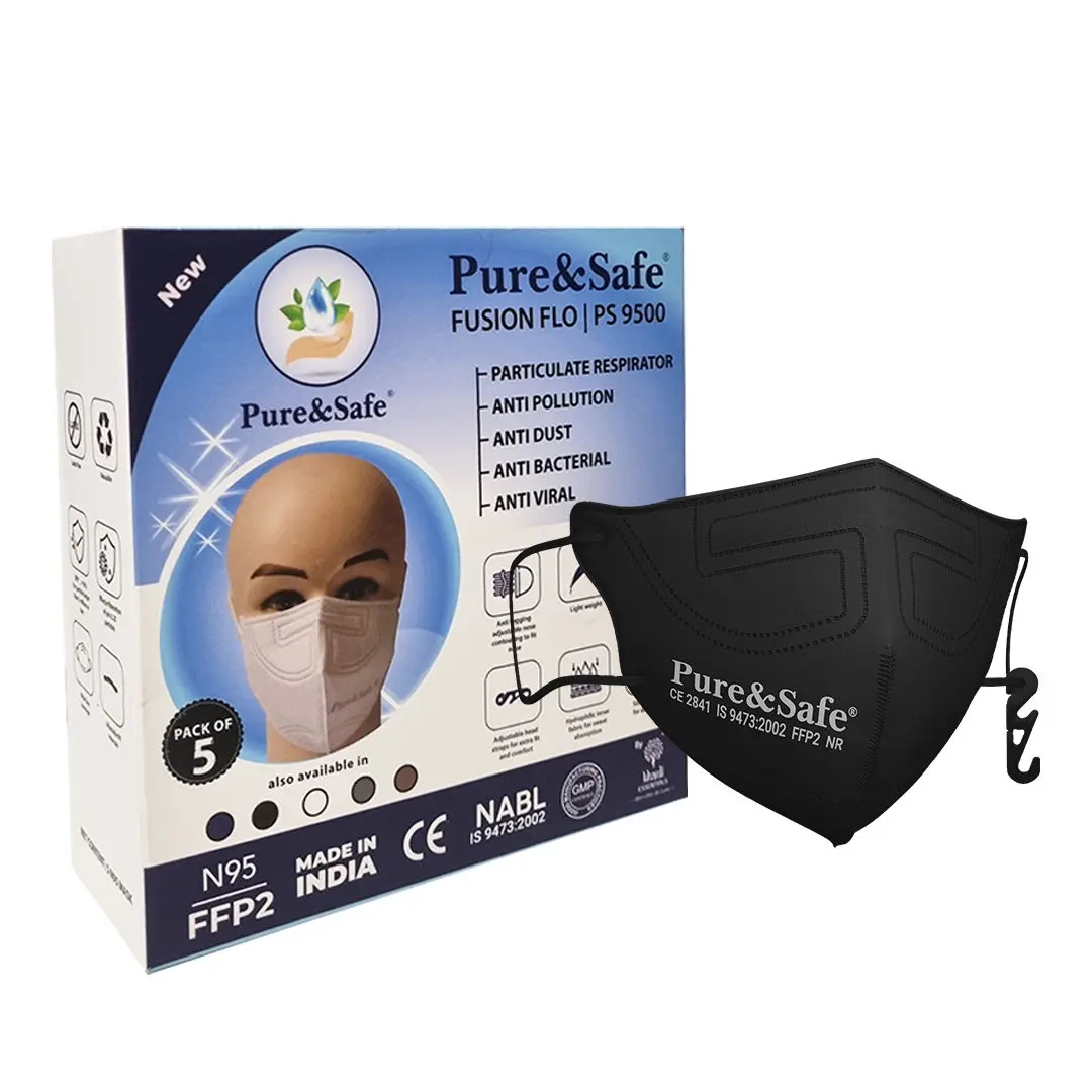 Khadi Essentials Pure&Safe N95 FFP2 Cotton Reusable Face Mask for Men & Women | Stylish with Nose Clip, Comfortable N 95 Highly Breathable | CE, EN, IS Certified & Third Party Tested Pack of 5(Black)