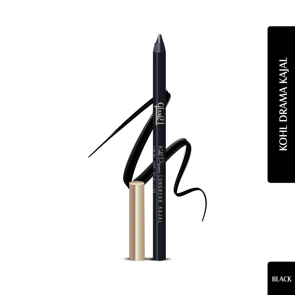 Glam21 Kohl Drama Long Wear Kajal + Sharpener | Stays For 12 hours | Highly Pigmented For Intense Black Look | 1.2 gm