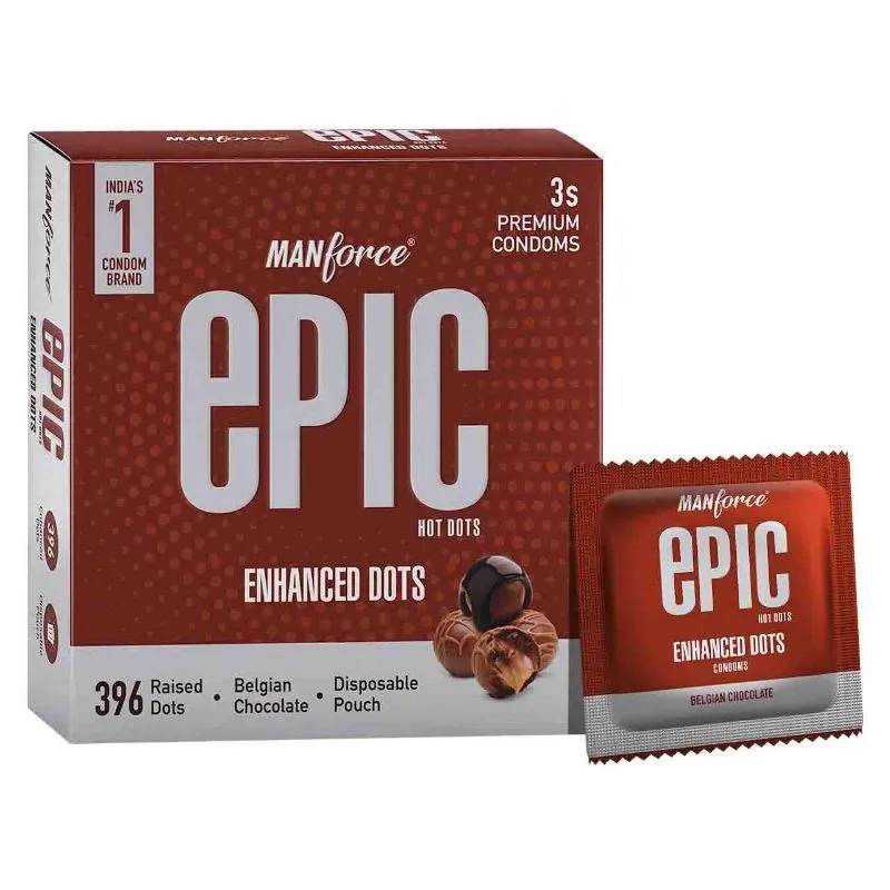 Manforce Epic Hot Dots Enhanced Dots Belgian Chocolate Flavoured Condoms With Disposable Pouch