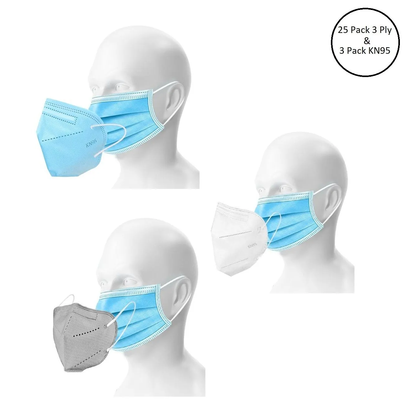 OOMPH Unisex Double Mask Set Of 25 Disposable & 3 KN95 / N95 Masks (Blue, Grey, White)