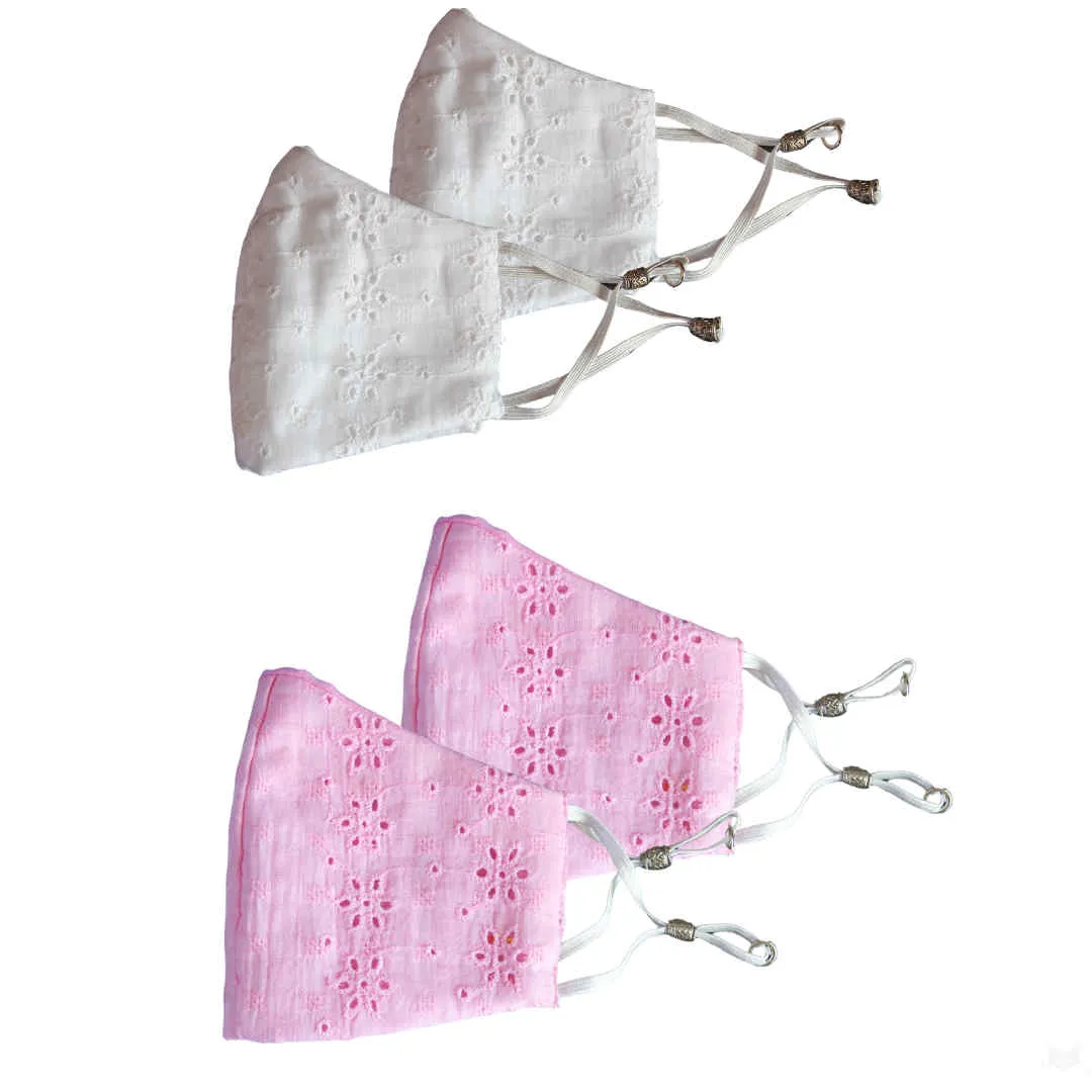 Bellofox White Chikan And Light Pink Chikan Face Mask (Set Of 4)