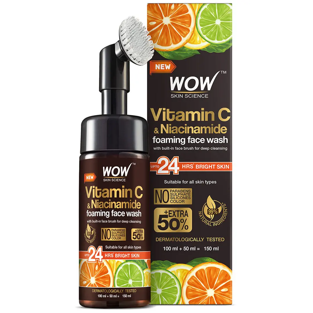 WOW Skin Science Vitamin C Foaming Face Wash for Skin Brightening, Age Spots And reduce fine lines - with Built-In Face Brush - 100mL + 50mL = 150mL