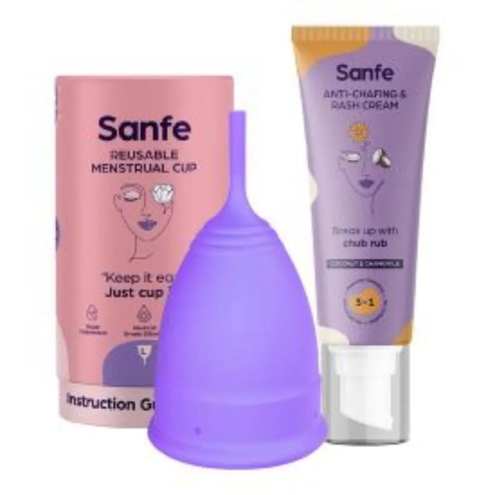 Sanfe Curve Confidence Kit - Anti-Chafing & Rash Cream, Reusable Menstrual Cup (Large)