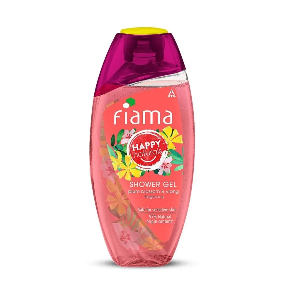 Fiama Happy Naturals shower gel, Plum blossom and ylang with 97% natural origin content with skin conditioners for moisturized skin, safe on sensitive skin, bodywash 250ml bottle