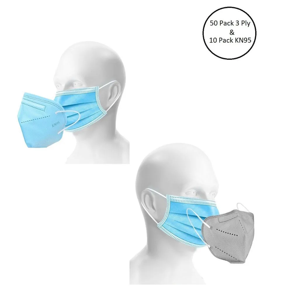 Fabula Unisex Double Mask Set Of 50 Disposable & 10 KN95 / N95 Masks (Blue, Grey )