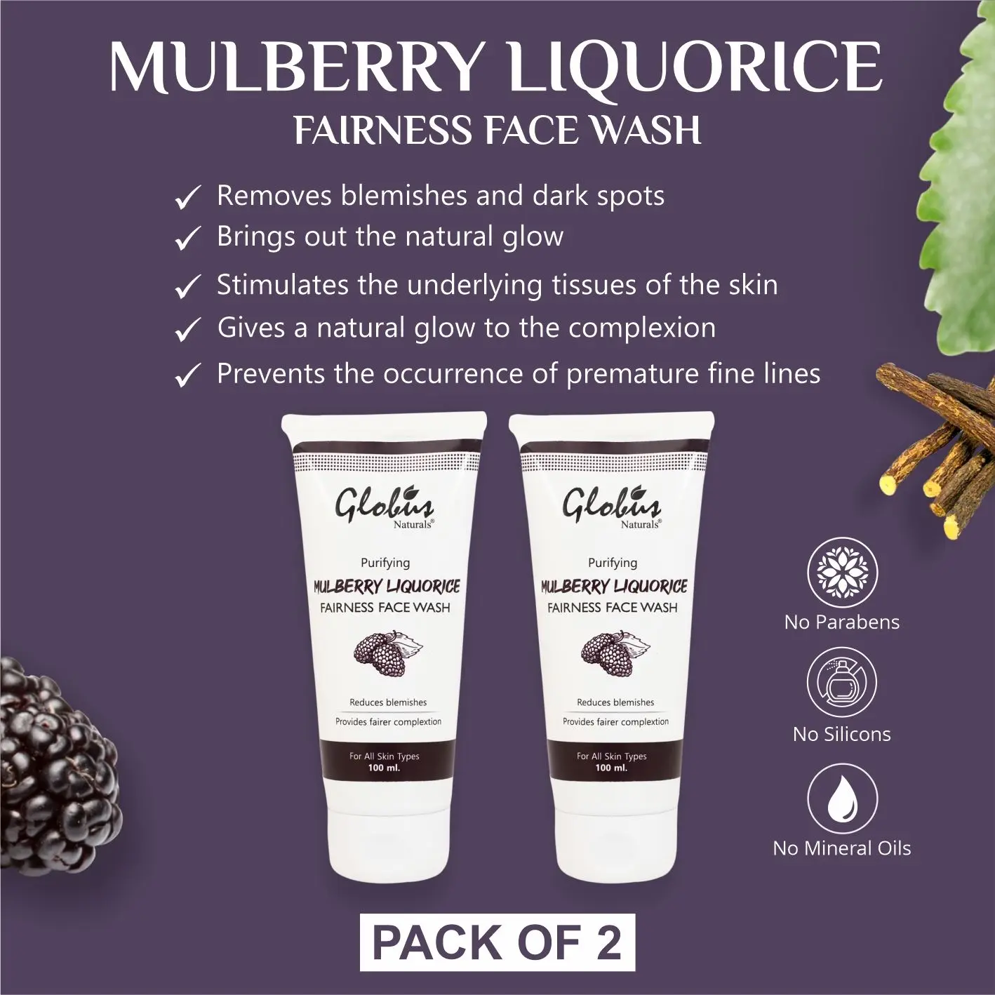 Globus Naturals Mulberry Liquorice Fairness Face Wash 100 Gms (Pack Of 2)