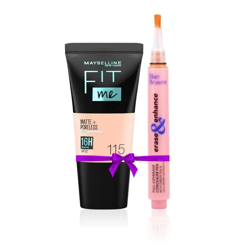 Maybelline New York Fit Me Matte+Poreless Liquid Foundation Tube - Ivory 115 (18 ml) + Blue Heaven Erase & Enhance Buildable Coverage Concealer Pen, Caramel speacial combo